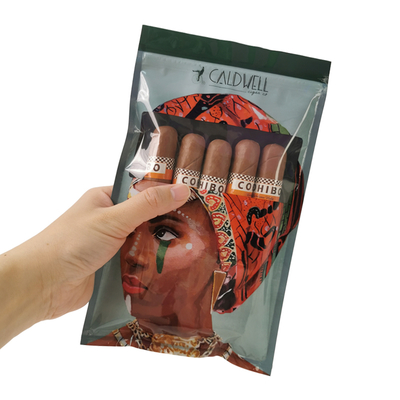 Custom Resealable Foil Ziplock Three Side Seal Natural Leaf Cigar Wraps Moisturizing Plastic Packaging Bag with Clear Window