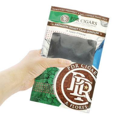 Özel yeniden kapanan folyo ziplock üç taraflı mühürlenme doğal yapraklı puro sargıları nemlendirici plastik ambalaj torbası açık pencereli